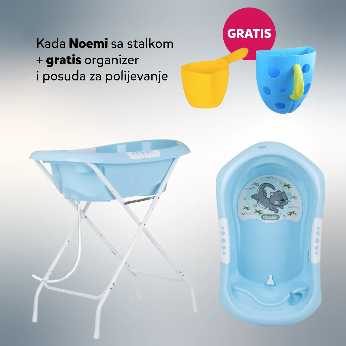 CHIPOLINO KADA NOEMI BLUE SA STALKOM I DODATAK ZA KUPANJE BLUE I POSUDA ZA POLIJEVANJE LITTLE FISH YELLOW 