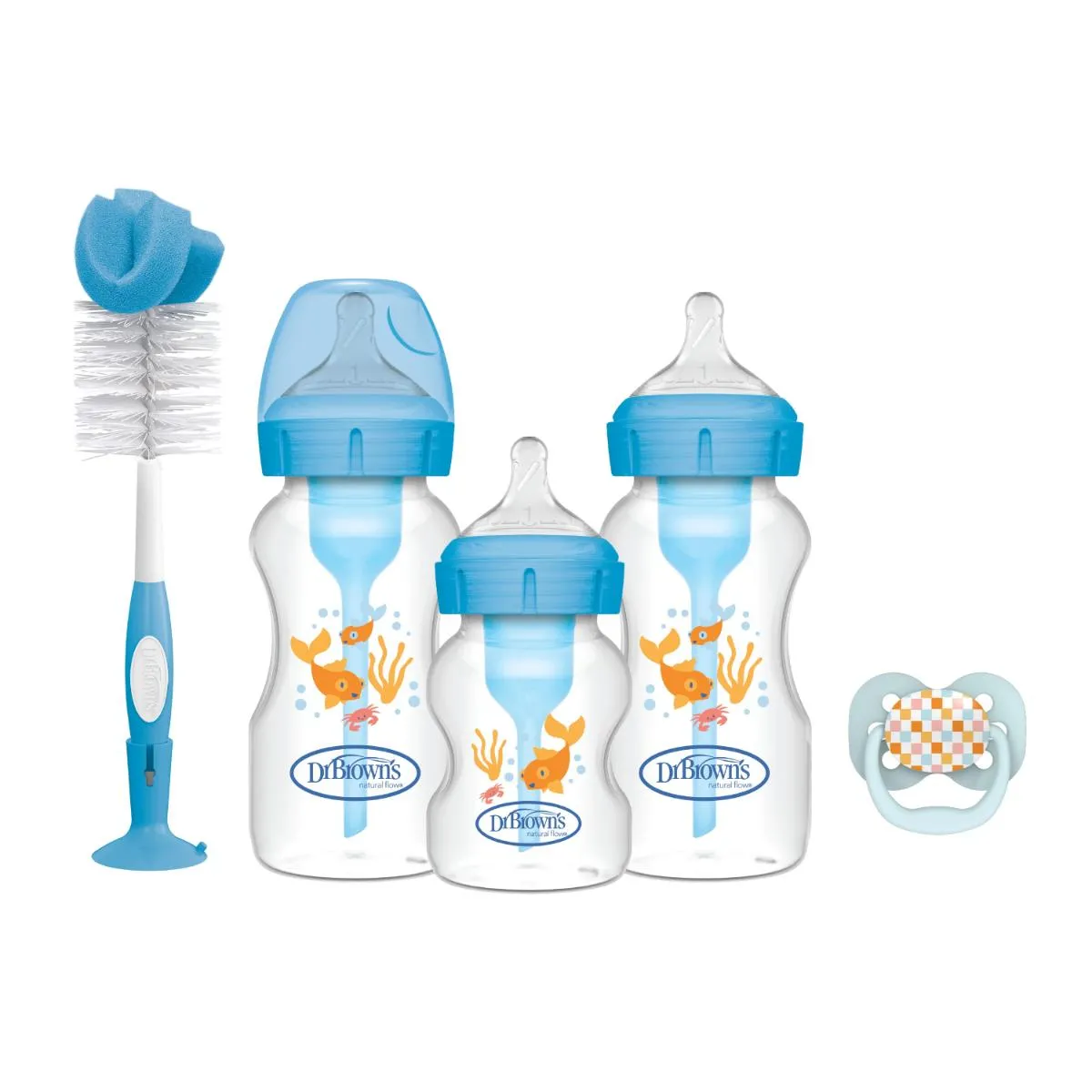 DR BROWNS POKLON SET PAKOVANJE FLASICA PLAVI 2X270ML,1X150ML,2 CUCLE,CETKA WB03620